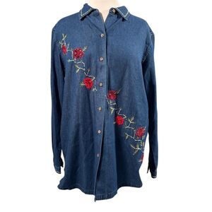 Vintage Bobbie Brooks Women'sCotton Denim Floral Embroidered Tunic Blouse Size M